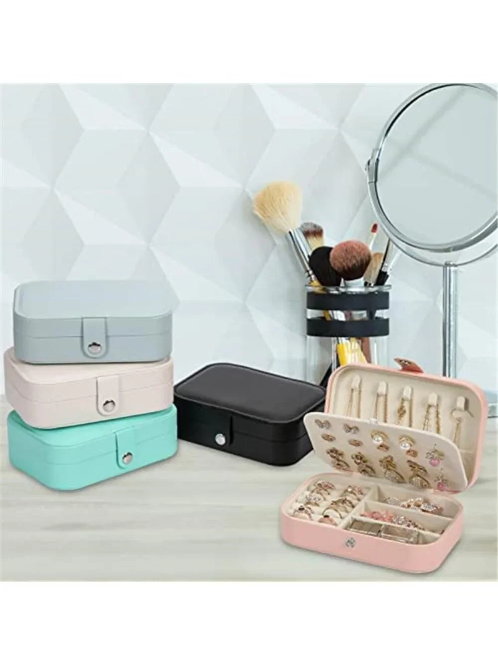 Pink Travel Jewelry Box PU Leather Organizer Earrings Rings Necklaces Portable